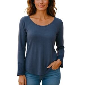 American Eagle Blue Long Sleeve Fitted Top Small Lace Embroidered Thermal Tee